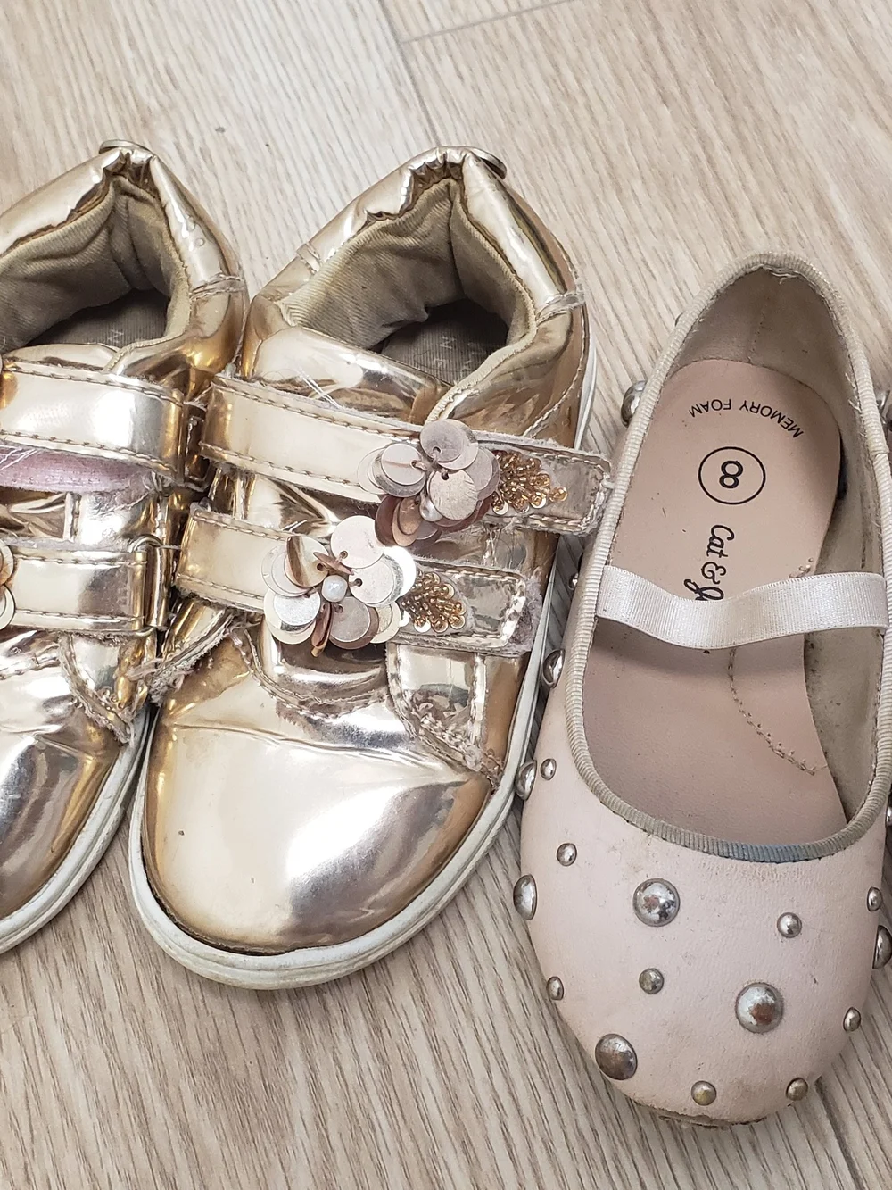 Nicole Miller Metallic Gold Velcro Sneakers and Blush Stud Ballet Flats